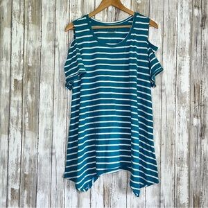 Lane Bryant Blue Stripe Open Shoulder Blouse